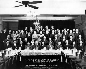 Fifth annual graduation banquet – UBC Japanese Students’ Club  (April 24, 1937) Photo: Japanese Canadian Photograph Collection, Rare Books and Special Collections, UBC Library, JCPC 33.0002 